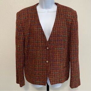 Vintage Women’s Burgundy Multicolor Tweed Jacket 14 Preppy Academia Old Money